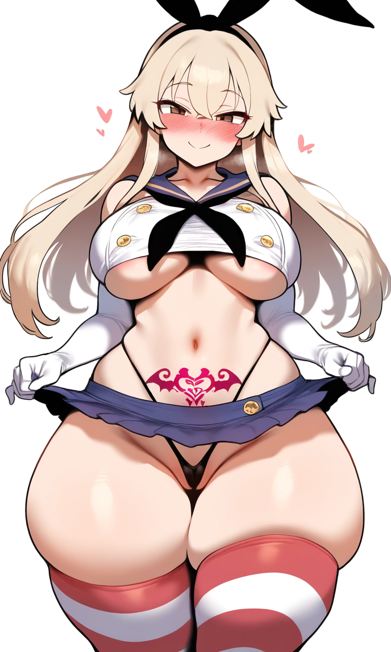 ai generated, artist request, big breasts, blue skirt, blush, breasts, female, lifting skirt, seductive smile, shimakaze (kantai collection), snowbunny, striped thighhighs, thick thighs, thong