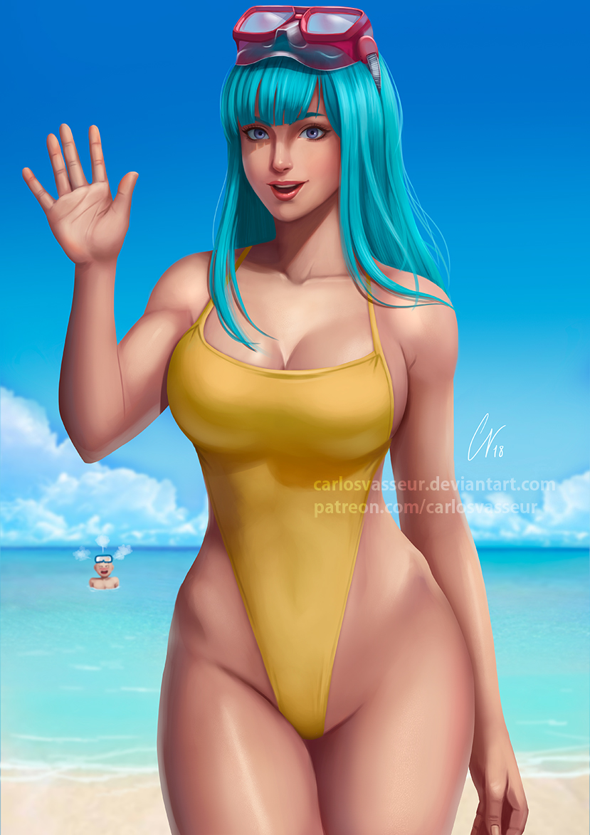 1boy 1girls big_breasts blue_hair breasts dragon_ball dragon_ball_z female female_focus geravass krillin kuririn large_breasts male maron one-piece_swimsuit swimsuit yellow_one-piece_swimsuit yellow_swimsuit