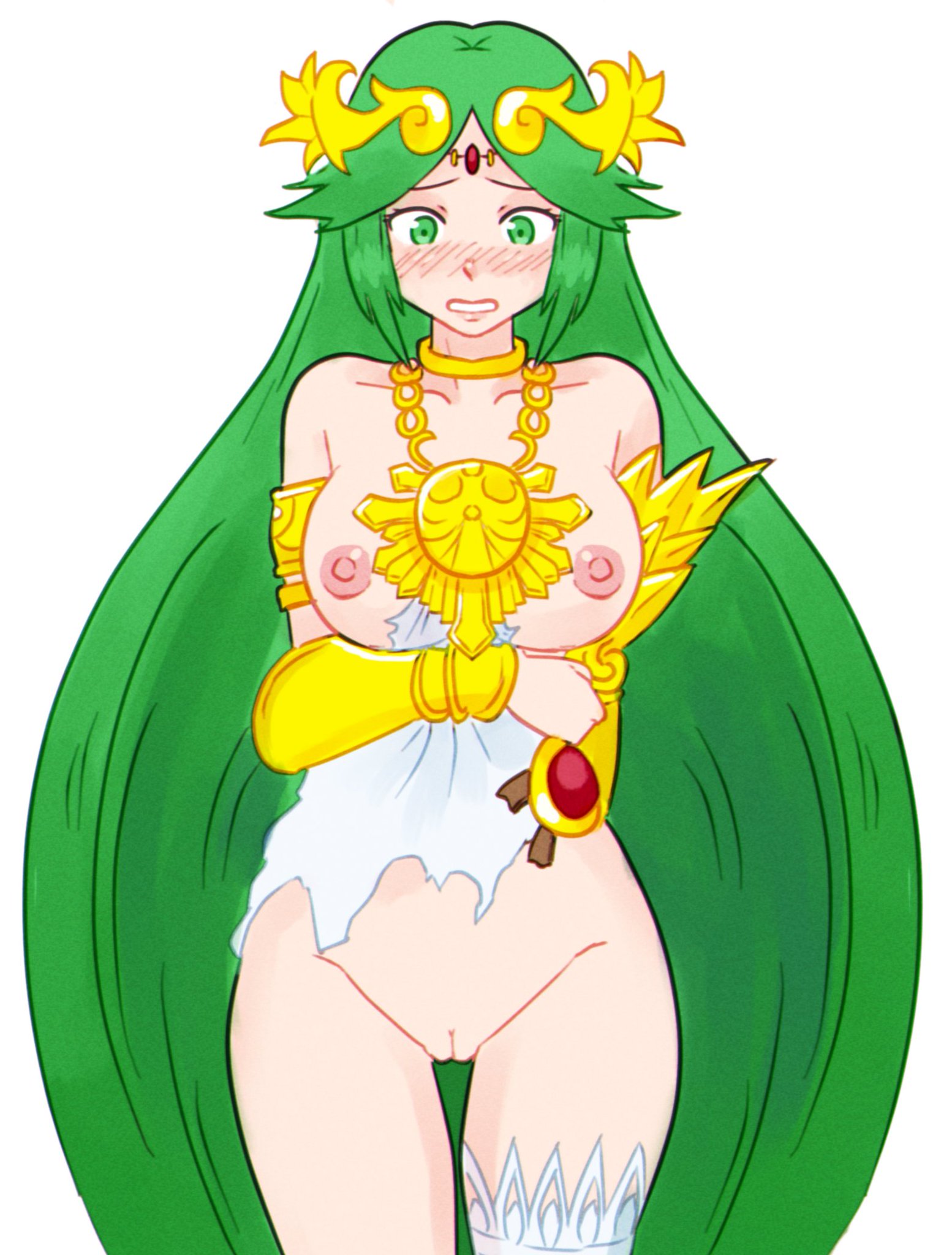 1girls, blush, bobcheez, breasts, clothing damage, embarrassed, embarrassed nude female, enf, female, green eyes, green hair, kid icarus, long hair, nintendo, nude, palutena, pussy, tagme, torn clothes, wardrobe malfunction