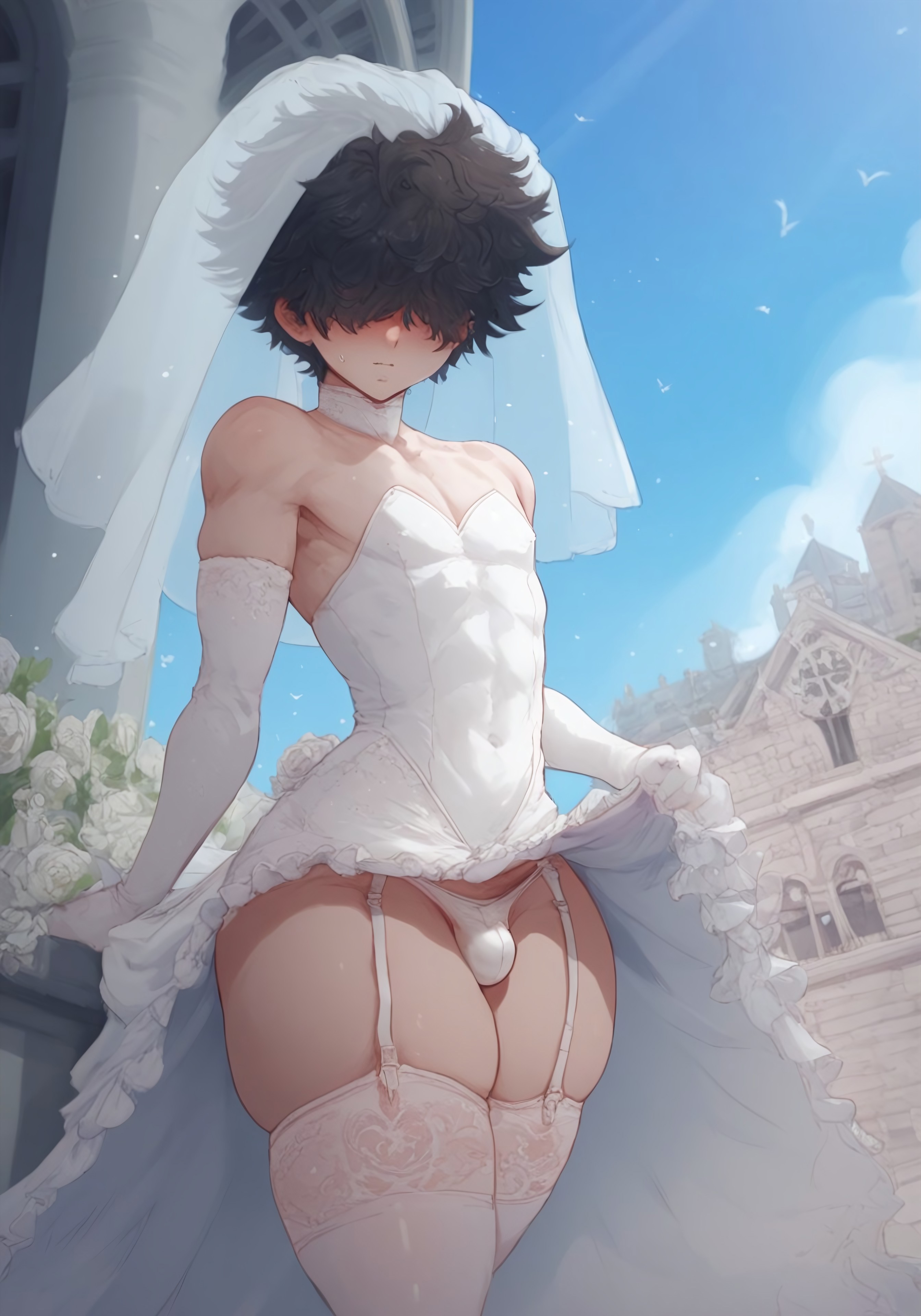 1boy, ai generated, blush, bulge, civitai, dark hair, dress, elbow gloves, femboy, femboy only, futanari, garter straps, hair over eyes, hips, intersex, looking at viewer, male, messy hair, original, short hair, shy, solo, standing, thick thighs, thighhighs, thighs, wedding dress, wedding veil, wide hips, yercyu