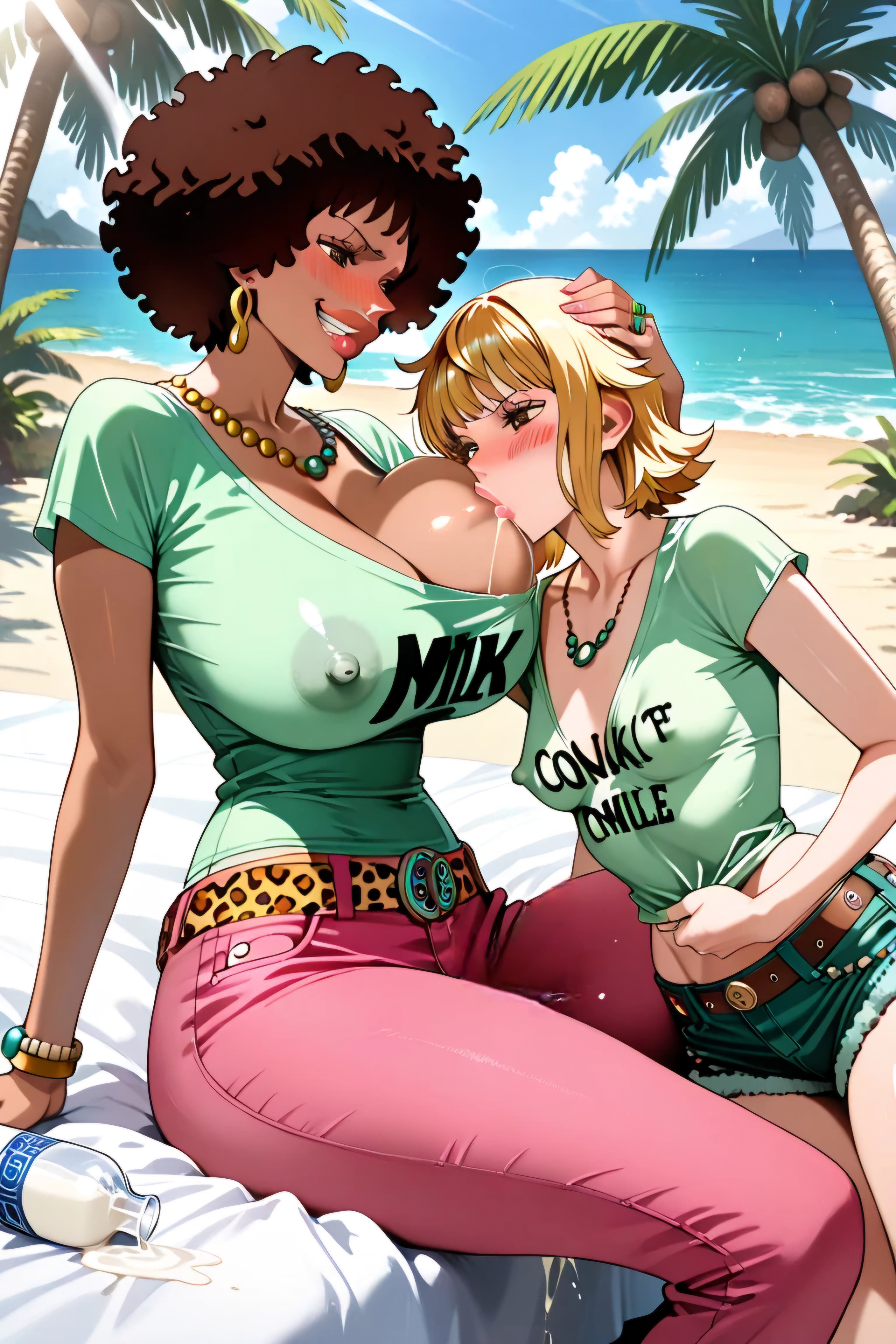 2025, 2girls, 2women, afro hair, ai generated, beach, big breasts, blonde hair, blush, breast fondling, breast milking, breast size difference, breast sucker job, breast sucking, breastfeeding, breasts, brown hair, brown skin, caressing head, clothing, coconut tree, curly hair, curvy body, dark skin, dark-skinned female, denim shorts, drunk, enjoying breast sucking, enthusiastic, enthusiastic female, erotic situation, female, female only, female sucking breast, female/female, girls love, green shirt, high resolution, huge breasts, human, interracial yuri, lactating in mouth, lactation, le style anon, lesbian focus, lesbian pleasure, long pants, looking at partner, marguerite, milf, milk, naomi drunk, nipples, ocean, older female and younger female, one piece, pink pants, sand, short hair, small breasts, smile, sucking huge breast, sucking nipples, sunlight, t-shirt, thick thighs, thin woman, tree, younger female, yuri
