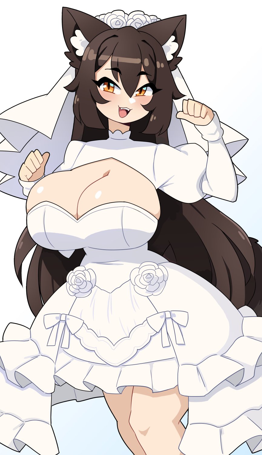 1girls, amber eyes, big breasts, black hair, blush, breasts, cat ears, cat girl, cat tail, catgirl, cleavage, commission, dress, female, female only, furry tail, hi res, j5daigada, large breasts, light skin, light-skinned female, long hair, looking at viewer, open mouth, slit pupils, smiling, smiling at viewer, solo, tail, wedding dress, wedding veil