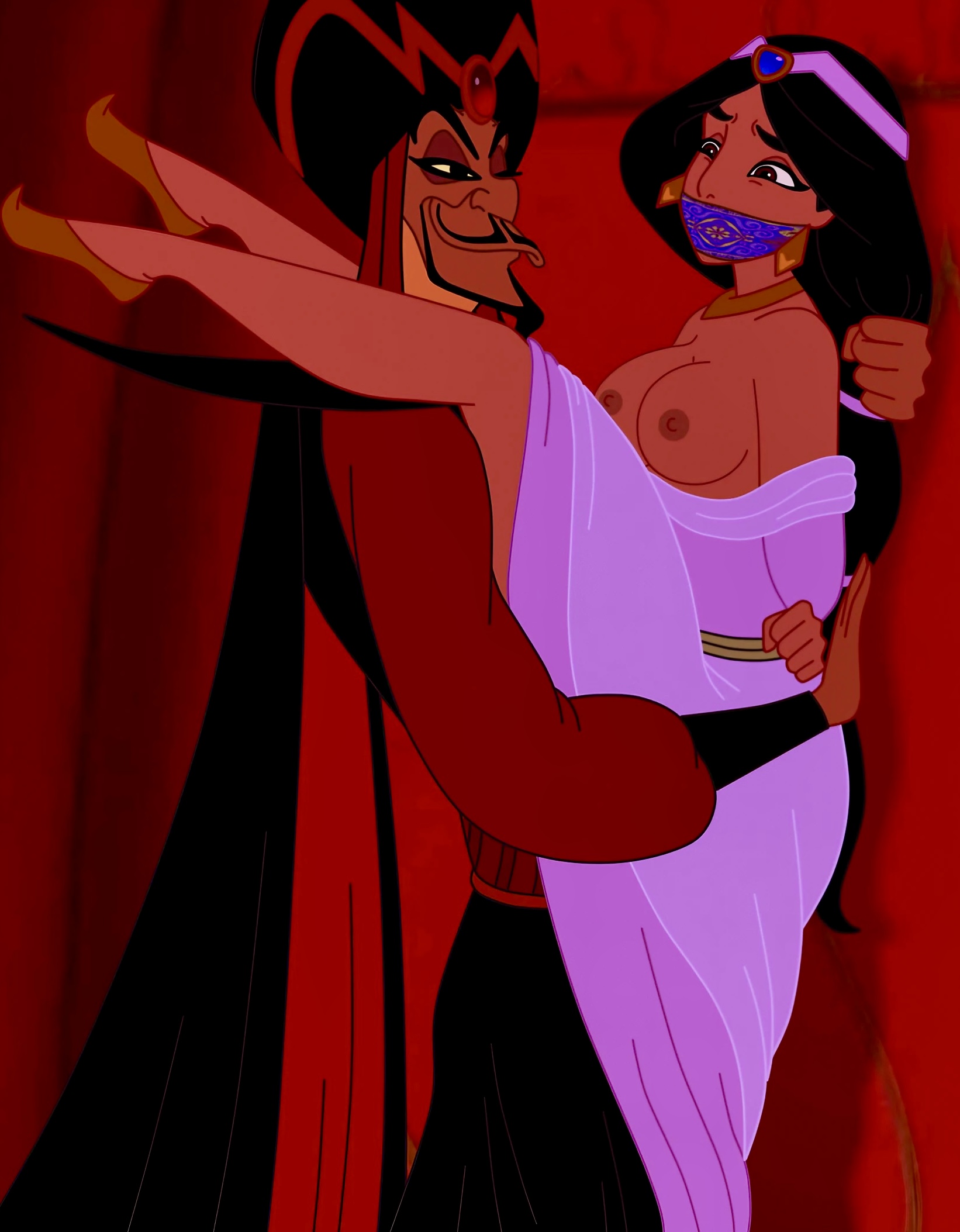 1boy, 1girls, accurate art style, against wall, aladdin, aladdin (1992 disney film), disney, disney princess, dress, female, female focus, gag, jafar, male, male focus, princess jasmine, purple dress, rape, straight
