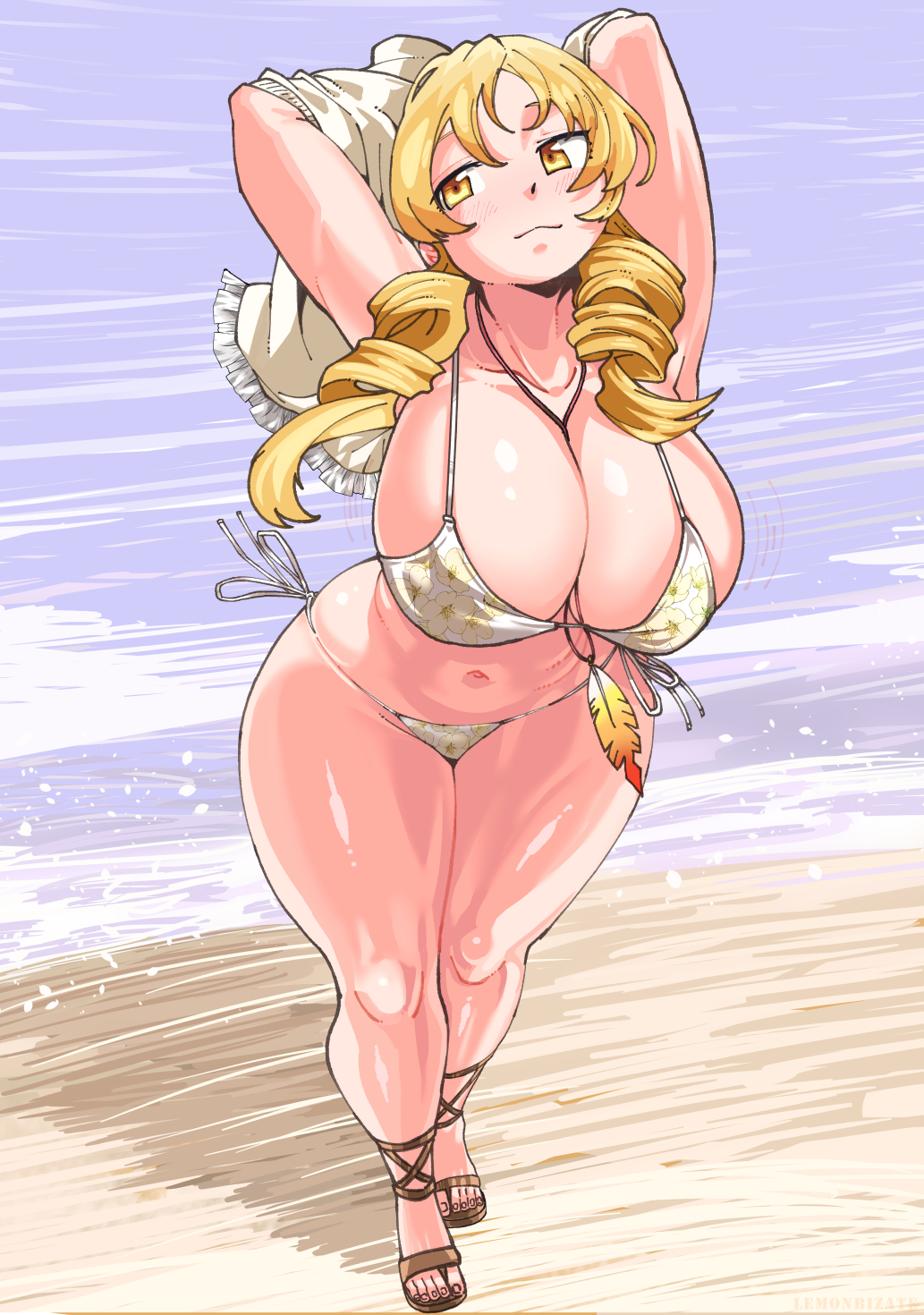 1girls, armpits, arms behind head, arms up, beach, big breasts, bikini, breasts, curvy, curvy figure, drill hair, feet, female, female focus, female only, huge breasts, lemonbizate, lemonbizate (artist), light skin, light-skinned female, looking away, mahou shoujo madoka magica, sandals, solo, swimsuit, swimwear, taking clothes off, thick thighs, tomoe mami, twintails, undressing, voluptuous, voluptuous female, yellow eyes, yellow hair