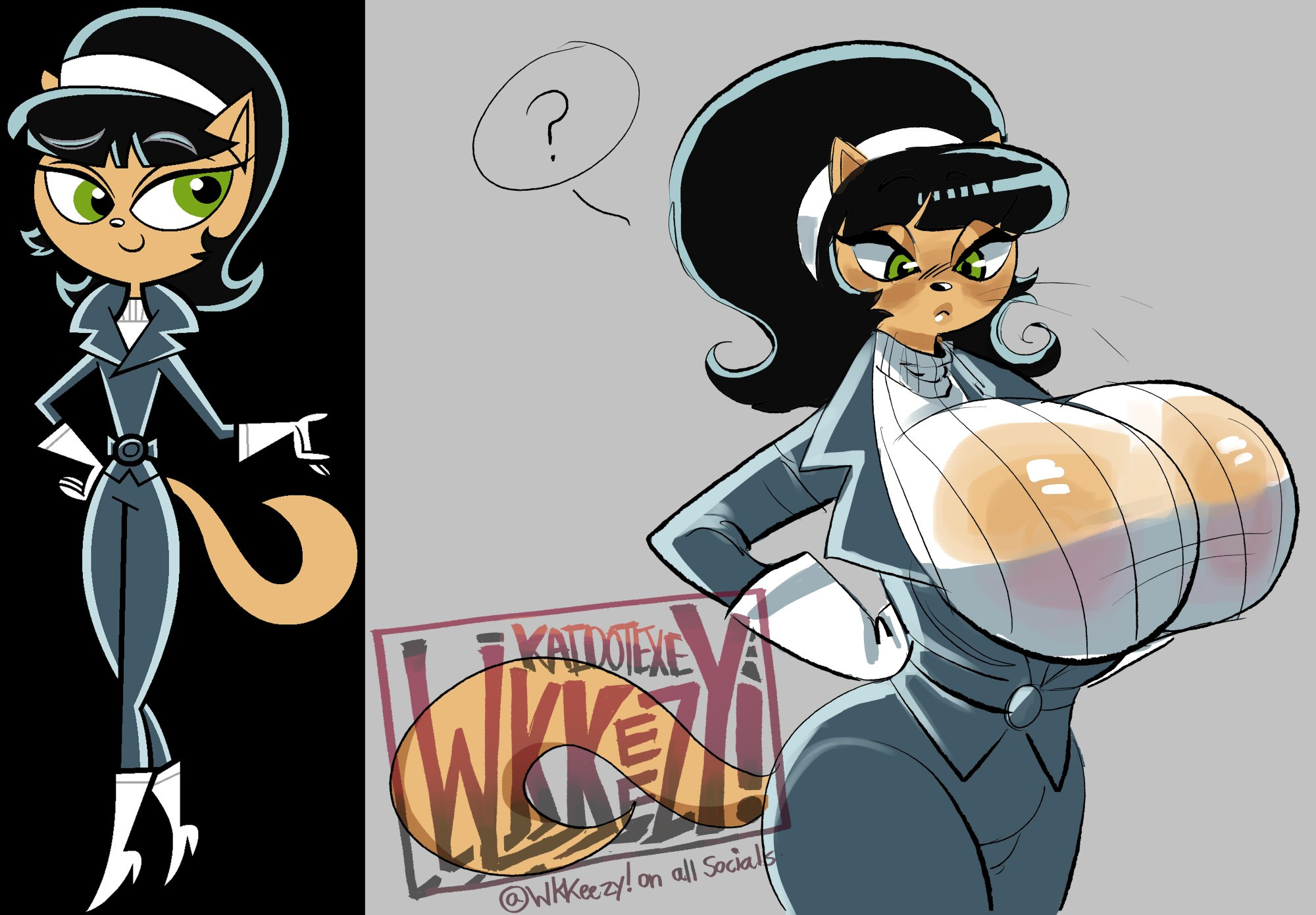 2025, artist signature, big breasts, breasts, cat girl, cat humanoid, catgirl, dedoggyskullz, domestic cat, feline, female, female focus, female only, furry, furry female, gloves, green eyes, grey background, kitty katswell, nickelodeon, question mark, reference image, spy, suit, sweater, t.u.f.f. puppy, wkkeezy (artist)