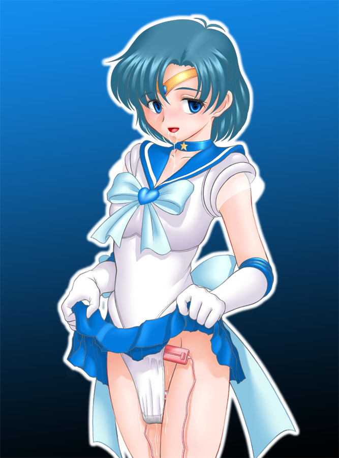 1girls ami_mizuno artist_request bishoujo_senshi_sailor_moon blue_eyes blue_hair choker circlet clothed_masturbation clothing cum female female_only masturbation pussy_juice sailor_mercury skirt skirt_lift small_breasts smile smooth_skin solo super_sailor_mercury vibrator vibrator_under_panties wet_pussy