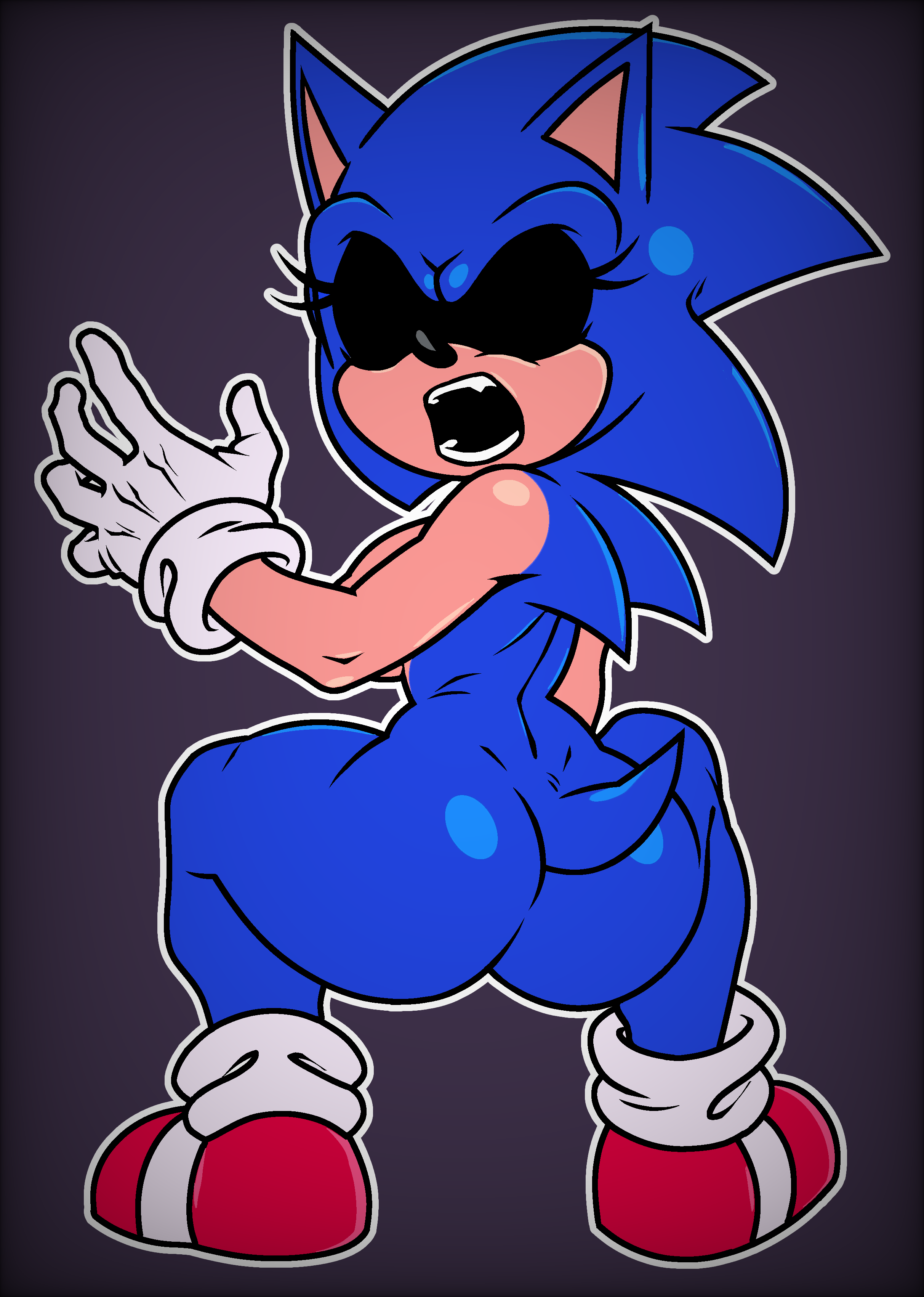 0x1g3n, ass, backwards, black nose, black sclera, blue fur, female, feral, flat colors, hand raised, hollow eyes, looking back, open mouth, peach skin, piracy sonic (друг), red shoes, shiny fur, short tail, simple background, simple shading, solo, sonic (series), sonic the hedgehog, sonic the hedgehog (series), sonic.exe, sonic.exe (character), sonic.exe (creepypasta), sonic.exe (series), sonique the hedgehog, squatting, white gloves, white socks