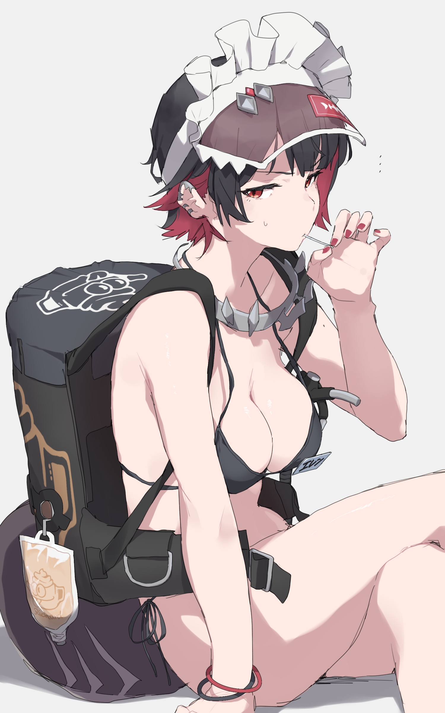 1girls, absurdres, ass, big ass, big breasts, big thighs, bikini, black hair, blush, breasts, ellen joe, female, female focus, female only, fins, fish tail, highres, lolipop, makkurourufu, multicolored hair, red eyes, red hair, shark girl, shark tail, sharp teeth, short hair, tagme, tail, thick hips, thick thighs, thighs, zenless zone zero