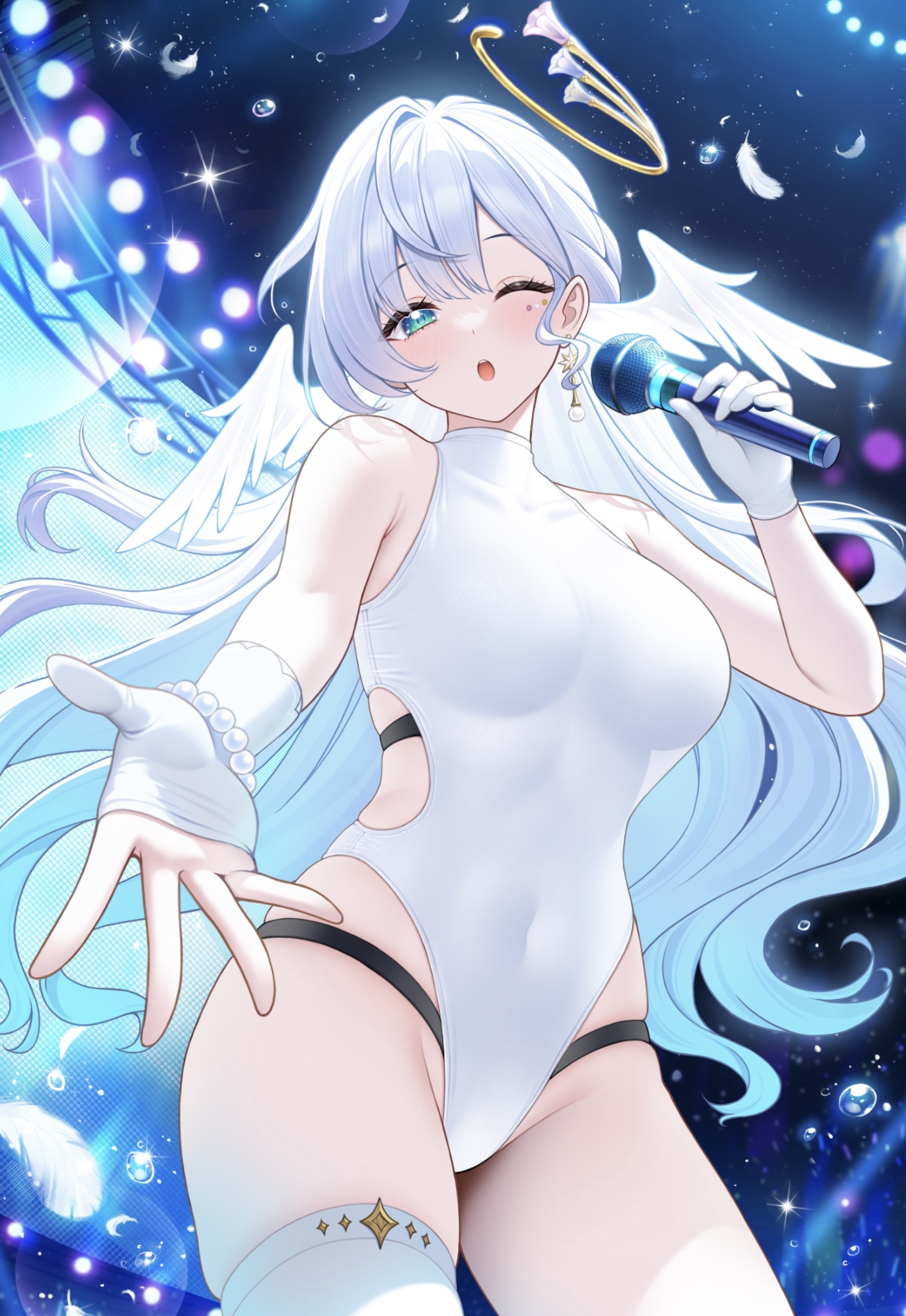 1girls, breasts, curvy, curvy female, curvy figure, cute, cute face, female, fukuro ko (greentea), girly, green eyes, head wings, hi res, high quality, honkai (series), honkai: star rail, hoyoverse, light skin, light-skinned female, long hair, looking at viewer, medium breasts, one eye closed, robin (honkai: star rail), skinny, skinny female, solo, solo female, very long hair, wings, wings on head