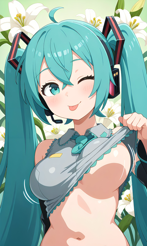 5_fingers ai_generated aqua_eyes aqua_hair armwear big_breasts bouncing_breasts breasts collared_shirt female flashing flashing_breasts flowers flowers_in_background hatsune_miku headphones pixai sleveeless_shirt slim_waist smile sticking_out_tongue tie tongue tongue_out twintails upper_body vocaloid wink winking_at_viewer
