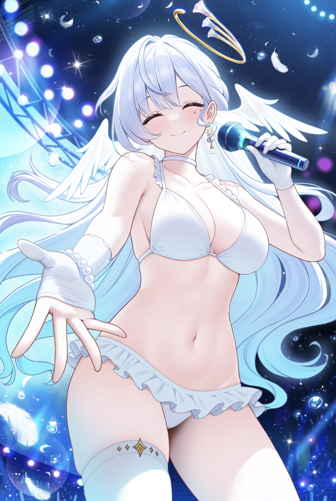 1girls, belly button, closed eyes, curvy, curvy female, curvy figure, female, fukuro ko (greentea), girly, green eyes, head wings, hi res, high quality, honkai (series), honkai: star rail, hoyoverse, legs, light skin, light-skinned female, long hair, looking at viewer, panties, performance, robin (honkai: star rail), skinny, skinny female, smiling, solo, solo female, underwear, very long hair, white panties, white underwear, wings, wings on head