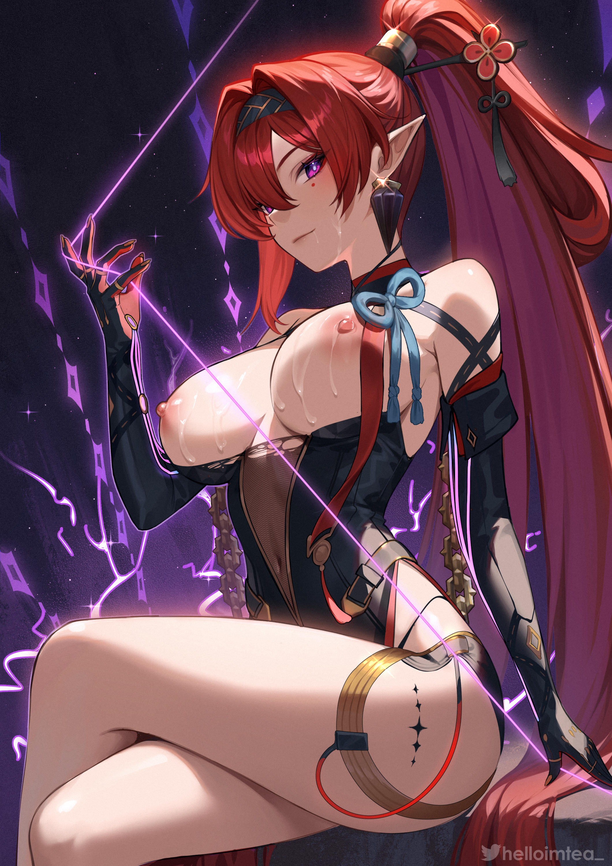breasts, female, helloimtea, nipples, nude, purple eyes, red hair, wuthering waves, yinlin (wuthering waves)