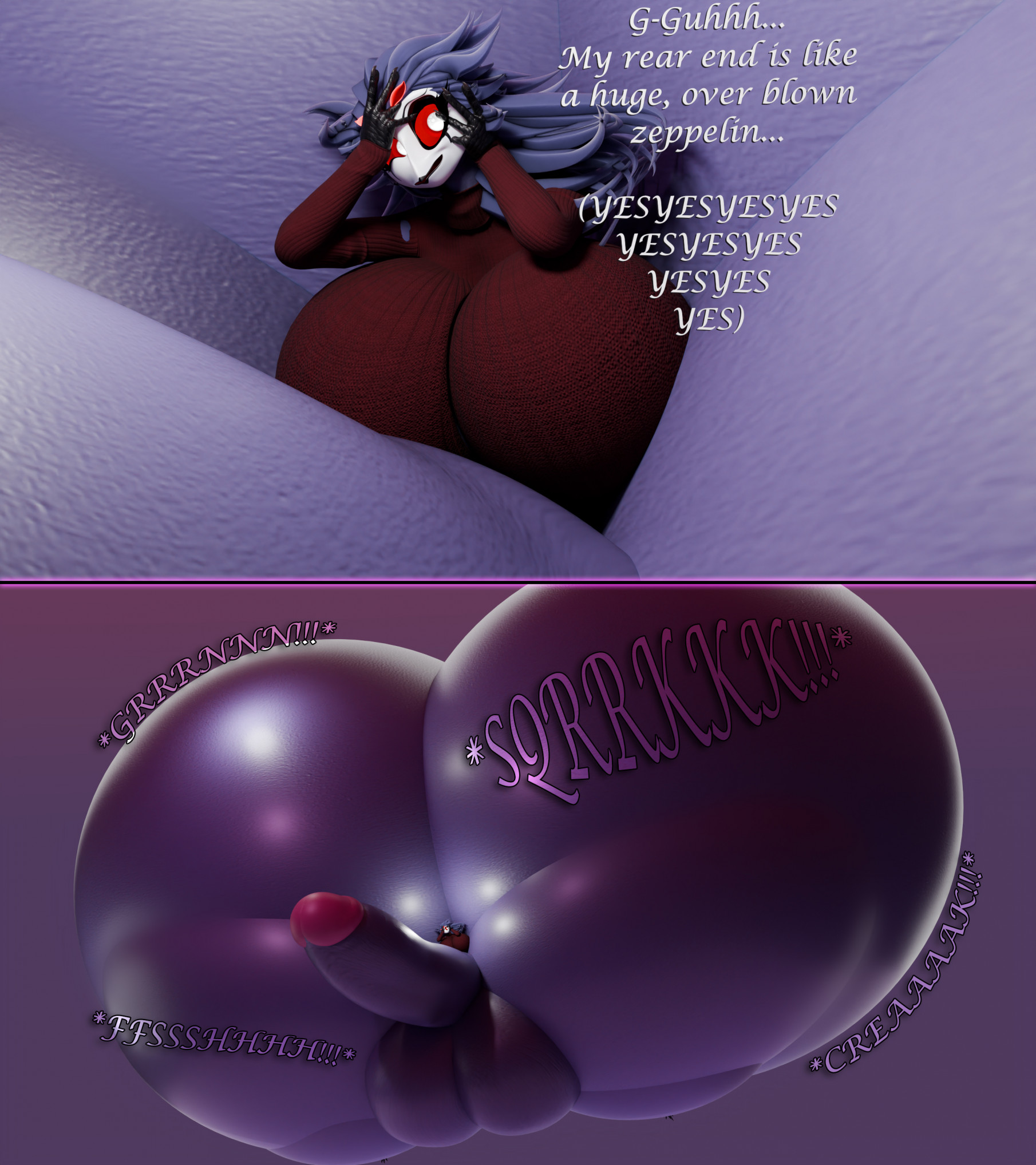 1boy, ass, ass body, ass expansion, balls, blender, breast implants, breasts, busty male, dialogue, genital expansion, genital growth, genital growth (enlargement), helluva boss, hyper ass, hyper balls, hyper penis, implants, inflation, male, male only, male with breasts, notsobretheren, owl demon, penis, penis expansion, penis growth, penis growth (enlargement), solo male, stolas (helluva boss), tagme