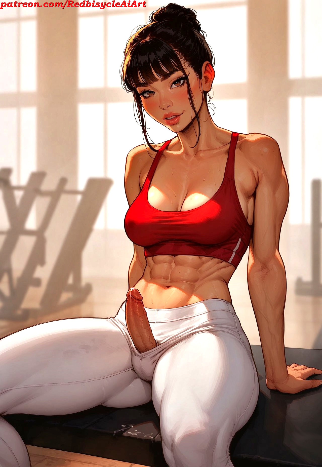 1futa, abs, ai generated, asian, athletic, athletic futa, average sized penis, balls, balls bulge, balls under clothes, bangs, belly button, black hair, breasts, brown eyes, cleavage, collarbone, dark hair, dickgirl, fair skin, fit, fit futa, fringe, futa focus, futa only, futanari, gym, gym clothes, gym uniform, hair bun, happy, intersex, looking at viewer, midriff, muscular, muscular abdomen, muscular abs, muscular futa, navel, nipple bulge, normal penis, oc, penis, precum, precum on penis, realistic penis size, red bra, red sports bra, red topwear, redbisycle, sitting, small penis, sports bra, sportswear, thick thighs, veiny arms, veiny penis, white pants, white skin, yoga pants