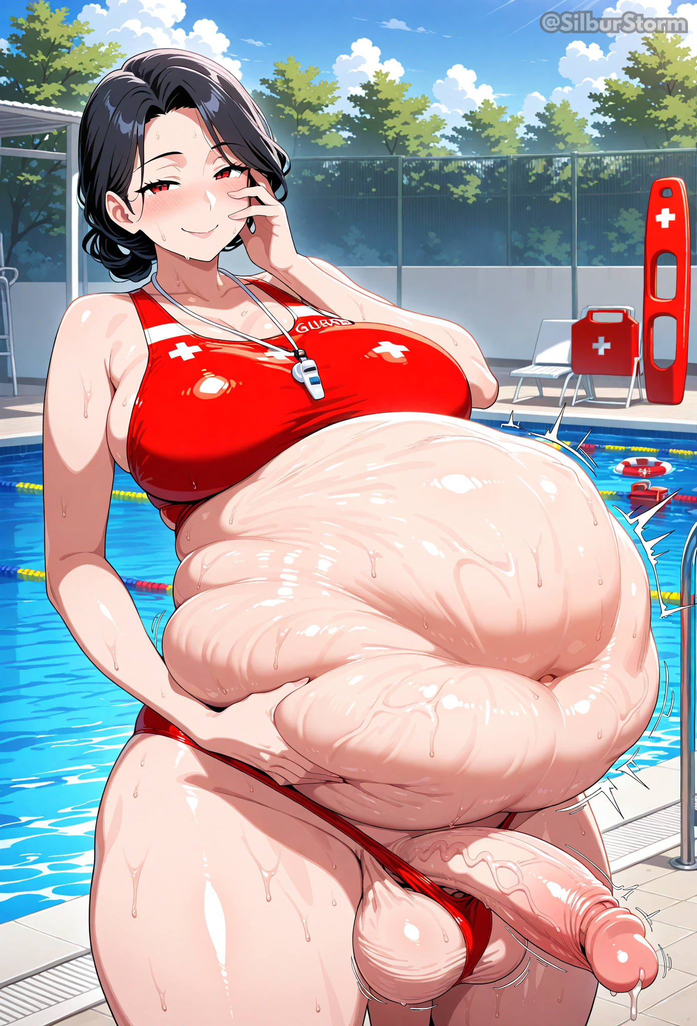 ai assisted, ai generated, ass, belly, breasts, futanari, intersex, large ass, large breasts, large penis, lifeguard, looking at viewer, penis, pool, seductive, silburstorm, stomach bulge, swimsuit, vore