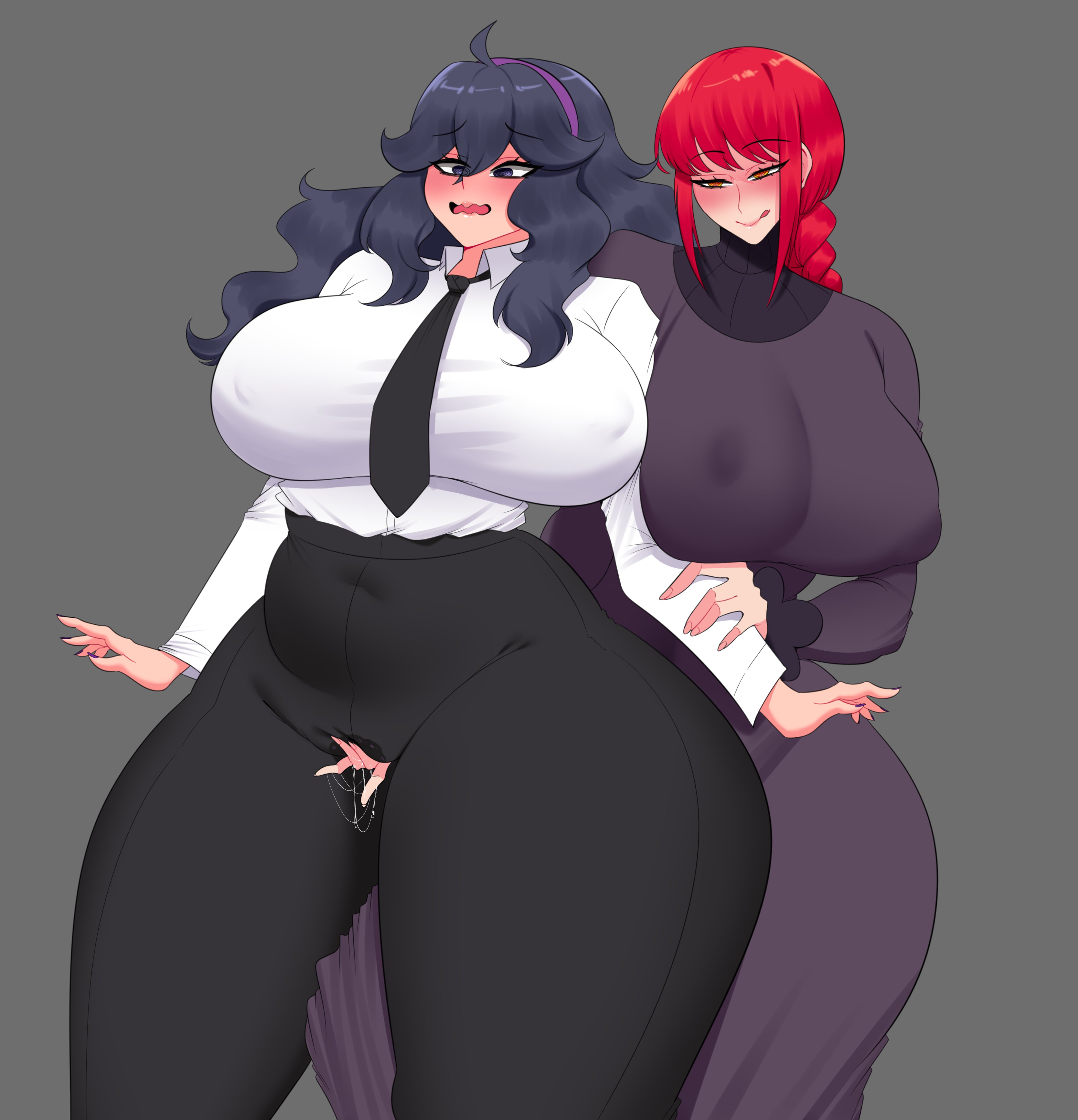 2girls, ass, big ass, big breasts, blush, breasts, breasts bigger than head, chainsaw man, commission, cosplay, costume switch, crossover, crossover cosplay, female, female only, fingering, fingering through clothes, fully clothed, game freak, guabeyo, hex maniac, hex maniac (cosplay), huge breasts, jpg, large breasts, makima (chainsaw man), makima (chainsaw man) (cosplay), multiple females, multiple girls, nintendo, nipple bulge, no background, no bra, nyabeyo, open mouth, outfit swap, pokemon, pokemon xy, purple hair, pussy, pussy juice, red hair, rubbing pussy, rubbing pussy through clothing, swapped clothes, twitter link, wet, yuri