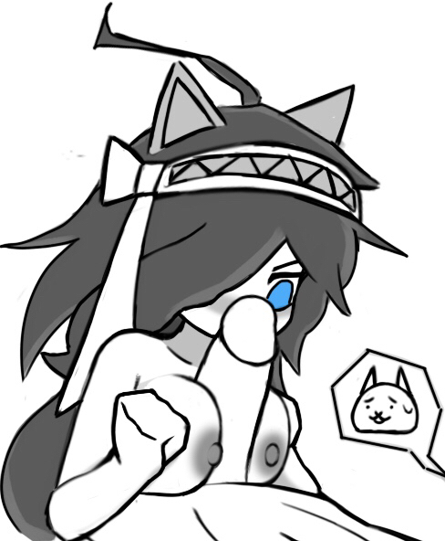 1boy, 1girls, blowjob, breasts, female, grey areola, kasli the scourge, large penis, male, medium breasts, nude, nude female, paizuri, penis, simple background, tagme, tbbfan122 (artist), the battle cats, titan cat, white background
