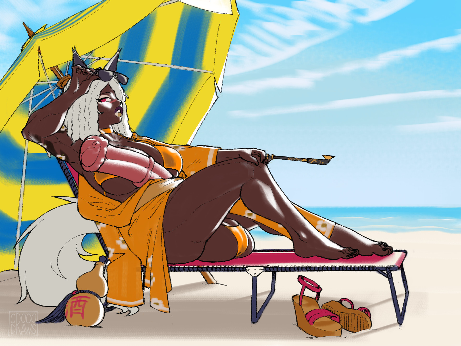 1futa, animal genitalia, animal genitalia on humanoid, balls, big balls, big penis, clothed, clothing, crocodraws, dark skin, dark-skinned futa, erection, female, futa only, futanari, gold bikini, golden week, horse girl, horse penis, horsecock, horsecock futa, horsecock on humanoid, huge balls, huge cock, intersex, large balls, large penis, mostly nude, muscular, muscular futa, original, penis, peony (gameruninformed), solo, solo futa, white hair, yukata