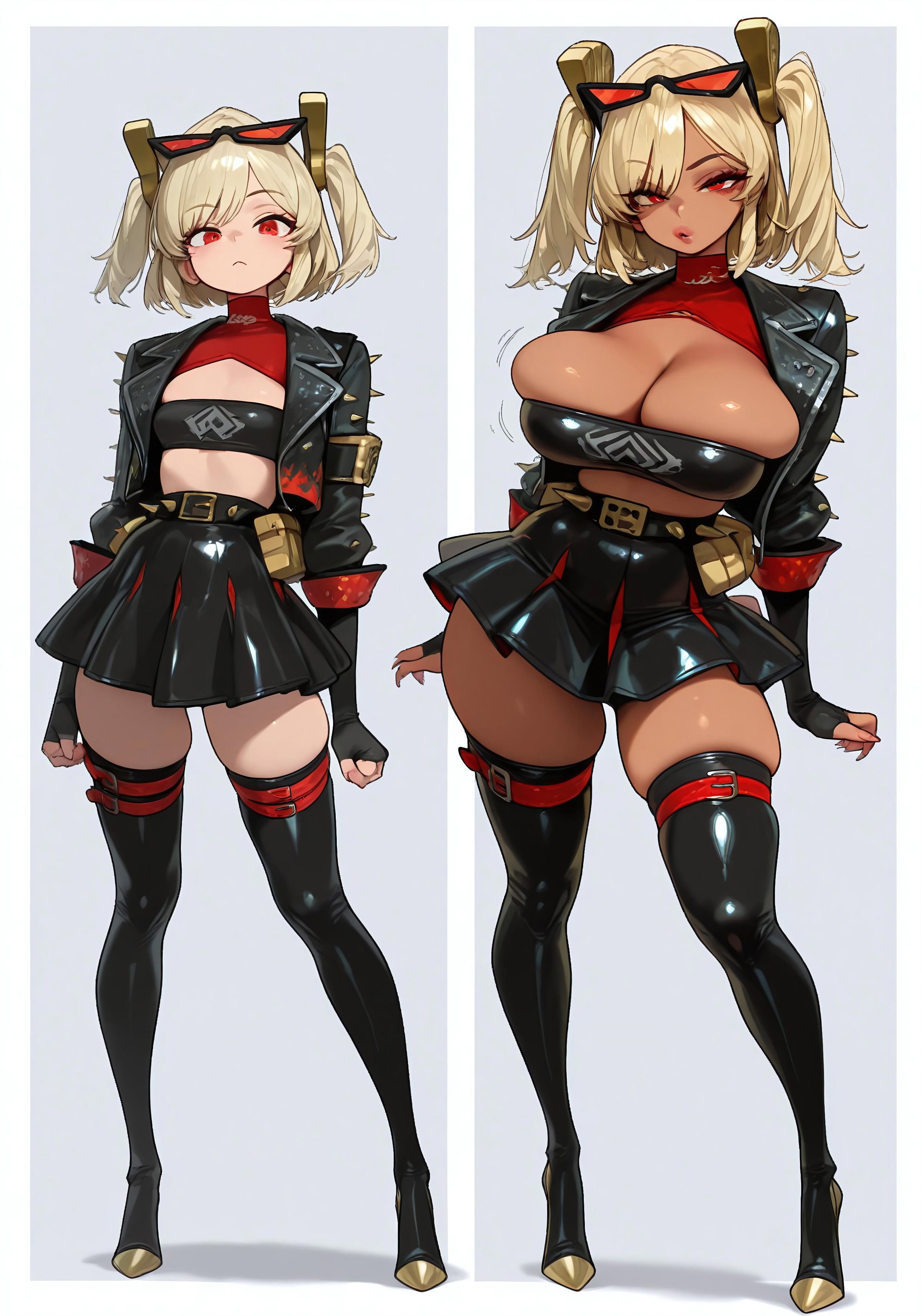 1girls, ai generated, before and after, bimbo, bimbo body, bimbo lips, bimbofication, bimbofication sequence, bimbofied, blonde hair, breast expansion, breast growth, breast growth (enlargement), breasts, burnice white, crop top, female, female only, glasses, glasses on head, hair ornament, heels, huge breasts, jacket, large breasts, miniskirt, open jacket, red eyes, skirt, tanned, tanned female, tanned skin, thick thighs, thighhighs, topwear, transformation, transformation sequence, tube top, twintails, zenless zone zero