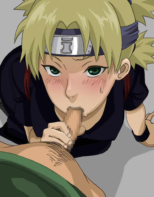 arm_support blonde_hair blush censored fellatio female from_above green_eyes headband human karsarutobi_asumaru male naruto oral penis pubic_hair quad_tails small_penis straight sweat temari