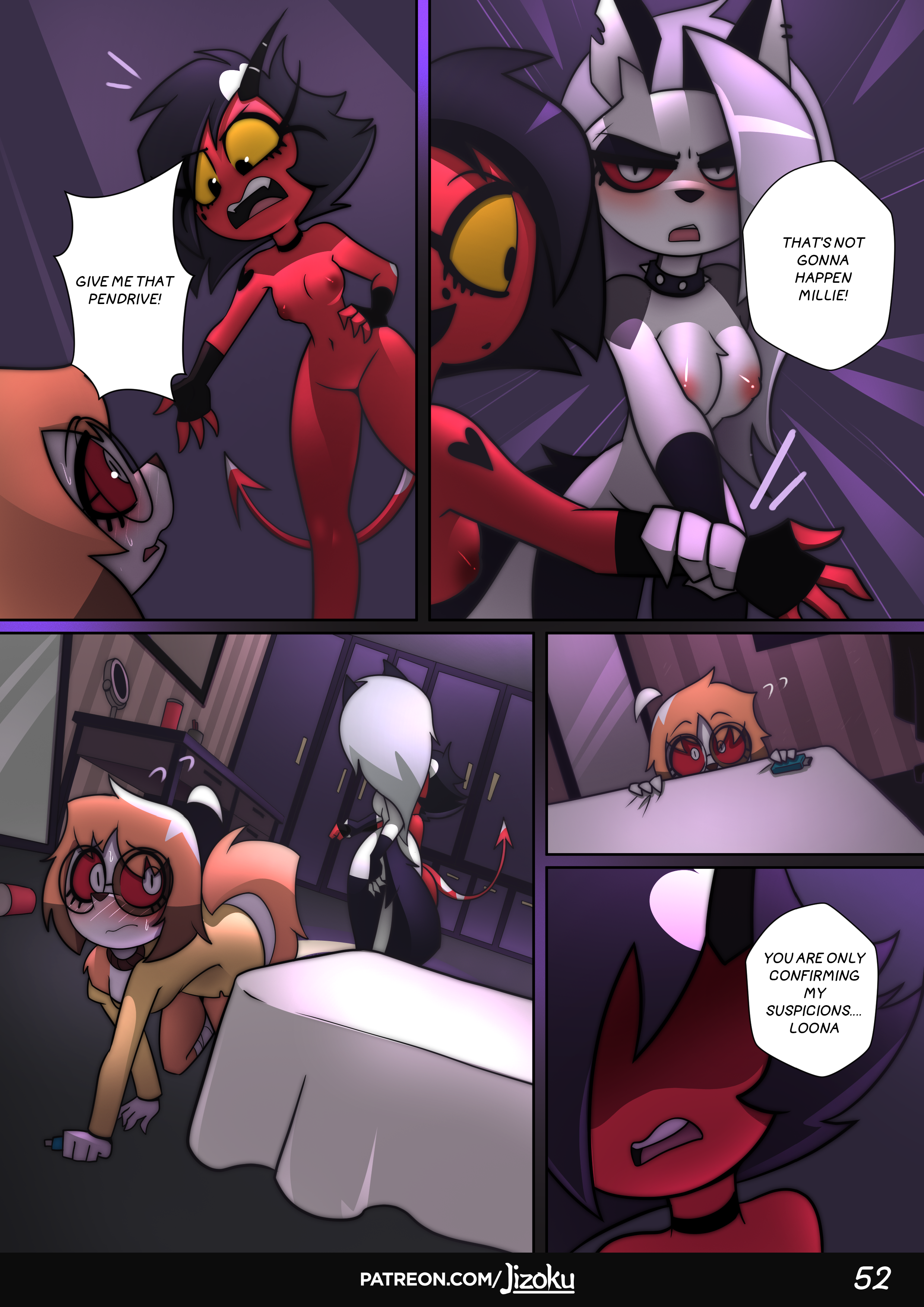 2d, 2d (artwork), 4 fingers, accessory, after sex, anthro, armwear, artist name, ass, athletic, athletic female, barely clothed, bedroom, big ass, big breasts, big butt, big thighs, black armwear, black clothing, black elbow gloves, black eyes, black eyeshadow, black gloves, black hair, black legwear, black nose, black stockings, black thighhighs, bottomless, bottomless anthro, bottomless female, breast size difference, breasts, brown body, brown fur, bubble ass, bubble butt, canid, canid demon, canid humanoid, canine, canine humanoid, canis, casual, casual exposure, casual nudity, chest, choker, cleavage, collar, comic, comic page, completely naked, completely nude, demon, demon girl, demon horns, demon humanoid, demon tail, demoness, digital drawing (artwork), digital media (artwork), elbow gloves, erect nipples, eyebrows, eyelashes, eyeshadow, fat ass, fat butt, female, female only, fingerless gloves, fit, fit female, functionally nude, functionally nude female, fur, furry, furry ass, furry breasts, furry ears, furry female, furry tail, ginger, ginger hair, gloves, grey body, grey fur, grey hair, handwear, hellhound, helluva boss, hi res, hips, hourglass figure, huge ass, huge breasts, huge butt, huge thighs, humanoid, imp, indoor nudity, indoors, jizoku, larger anthro, larger female, legwear, long hair, long tail, loona (helluva boss), makeup, mascara, medium hair, midriff, millie (helluva boss), mole, mole under eye, mostly nude, mostly nude female, multicolored body, multicolored fur, multicolored hair, naked, naked female, naked footwear, naked stockings, naked thighhighs, neckwear, nipples, nude, nude anthro, nude female, oc, orange body, orange fur, original, original character, page 52, partially clothed, patreon, patreon url, patreon username, petite, petite body, petite female, pink nipples, red body, red sclera, red skin, short hair, shortstack, silver hair, size difference, slim waist, smaller female, smooth skin, sol (jizoku), spade tail, spiked collar, standing, stockings, tail, tail tuft, thick thighs, thighhighs, thighs, thin waist, tight clothing, tight fit, topless, topless anthro, topless female, trio, tuft, two-tone body, two-tone fur, vivienne medrano, watermark, white body, white eyes, white fur, wide hips, wolf, wolf ears, wolf girl, wolf humanoid, wolf tail, yellow sclera