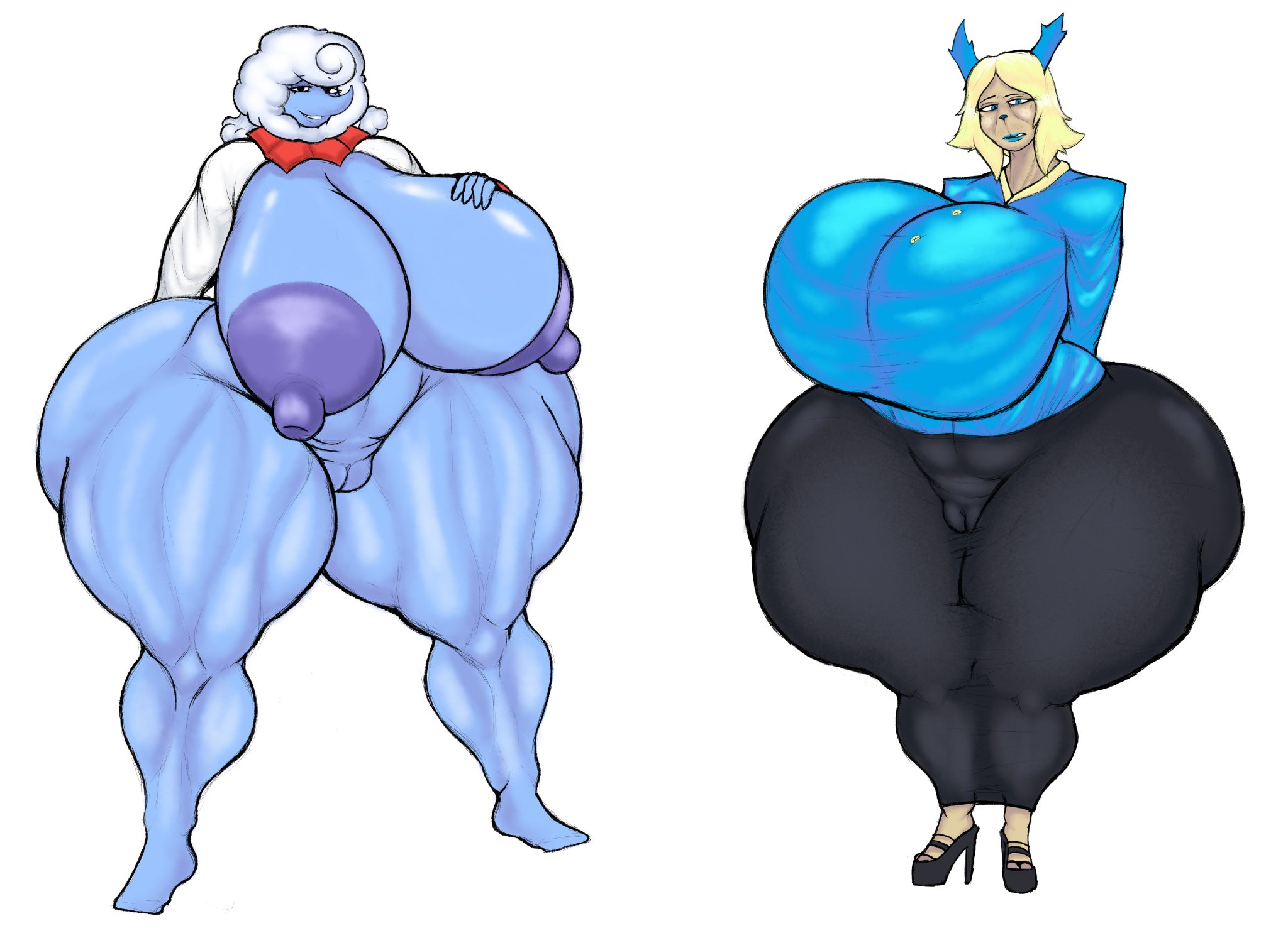 2girls, absurd res, absurdres, anthro, anthrofied, areola, areolae, arm behind back, arms behind back, ass, big areola, big areolae, big ass, big breasts, big nipples, breasts, breasts bigger than head, carol holiday, clothed, clothing, deltarune, deltarune chapter 3, deltarune chapter 4, elnina (deltarune), female, gatofashado, hand on breast, huge breasts, hyper, large breasts, looking at viewer, muscles, muscular female, nude, nude female, pussy, smile, smiling, thighs, toby fox, visible pussy