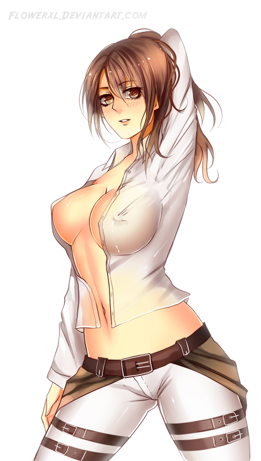 attack on titan, blush, breasts, brown eyes, brown hair, female, flowerxl, long hair, navel, no bra, open clothes, open shirt, parted lips, raised arm, sasha braus, shingeki no kyojin, simple background, solo, standing, unbuttoned, white background