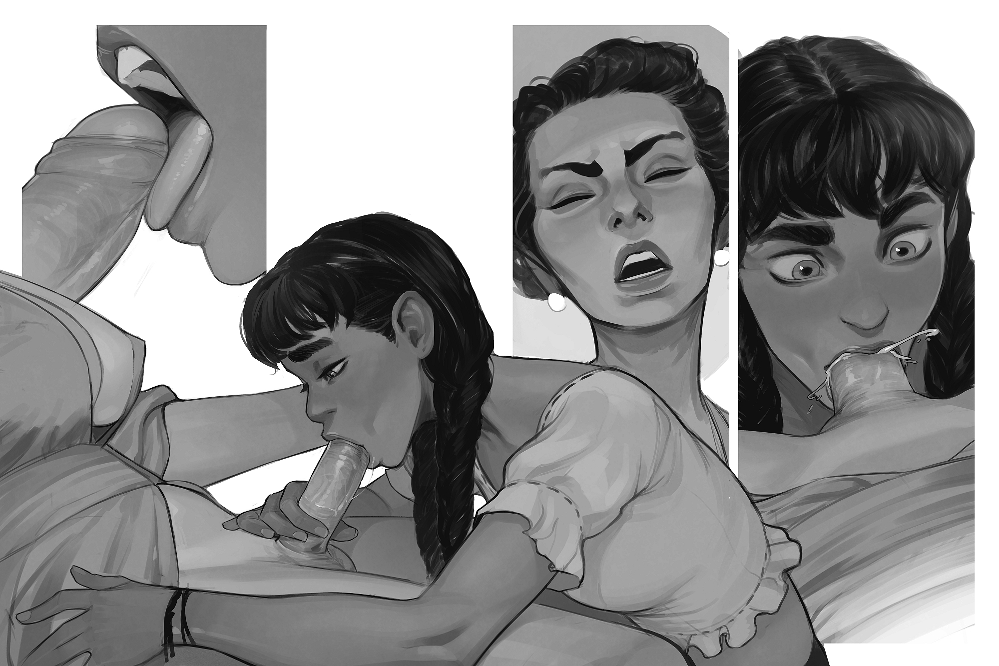 1futa, 1girls, age difference, blowjob, braided twintails, cum, cum in mouth, cum in throat, cum inside, dark skin, dark-skinned female, deepthroat, dickgirl, erection, fellatio, female, fringe, futa on female, futanari, incase, intersex, monochrome, older futa, older penetrating younger, oral, penis, surprised, twintails, younger female