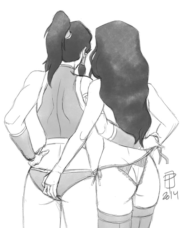 2014, 2girls, asami sato, avatar legends, callmepo, canon couple, clothing, female, female only, human, korra, monochrome, multiple females, panties, stockings, straight hair, the avatar, the legend of korra, water tribe, yuri