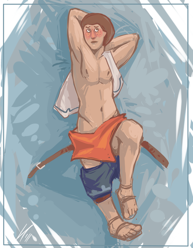 artist_request beedle blush brown_eyes brown_hair freckles freckles_on_face hands_behind_head male_only nintendo sandals shorts skyward_sword the_legend_of_zelda the_legend_of_zelda:_skyward_sword vest