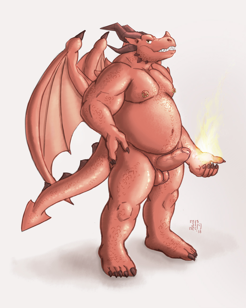 anthro balls barefoot claws clothing dragon erection feet fire genitals hi_res horn male misaligned musclegut muscular muscular_male navel nipple_piercing nipples nude open_mouth penis piercing red_body red_scales ring scales shadow shirt smile solo tank_top teeth_showing topwear vein veiny_penis wings