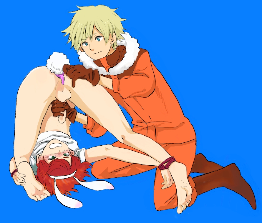 2boys anal_dildo anal_insertion animal_ear ass_up barefoot blonde_hair boots bottomless bound_ankles bound_wrists bunny_ears bunny_tail cmnm dildo feet gloves green_eyes handjob human kenny_mccormick kyle_broflovski male male_only malesub red_hair shirt_lift south_park upside-down wrists_to_ankles yaoi