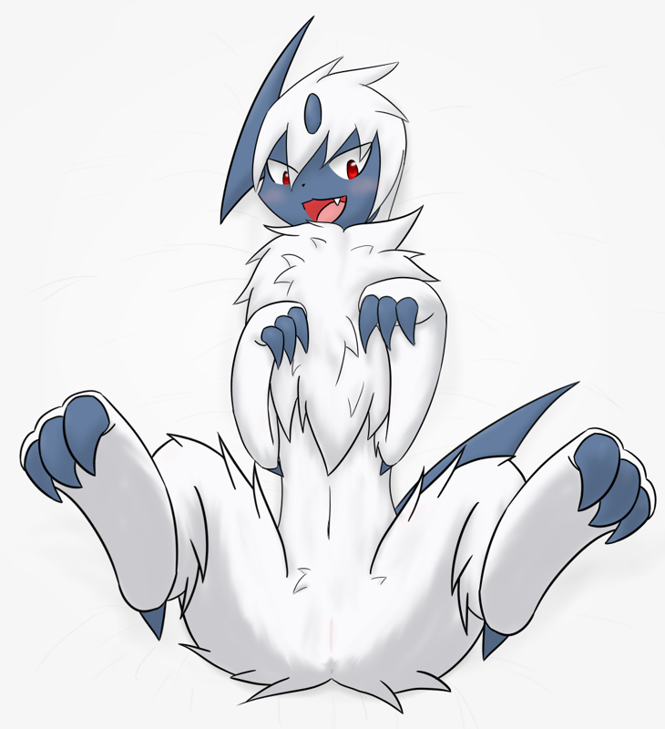 absol ass blush claw color eyes female female_only fur furry furry_ass horn lying mouth nintendo on_back open_eyes open_mouth paw pokemon pokemon_(species) pussy red_eyes solo tail white_background white_fur