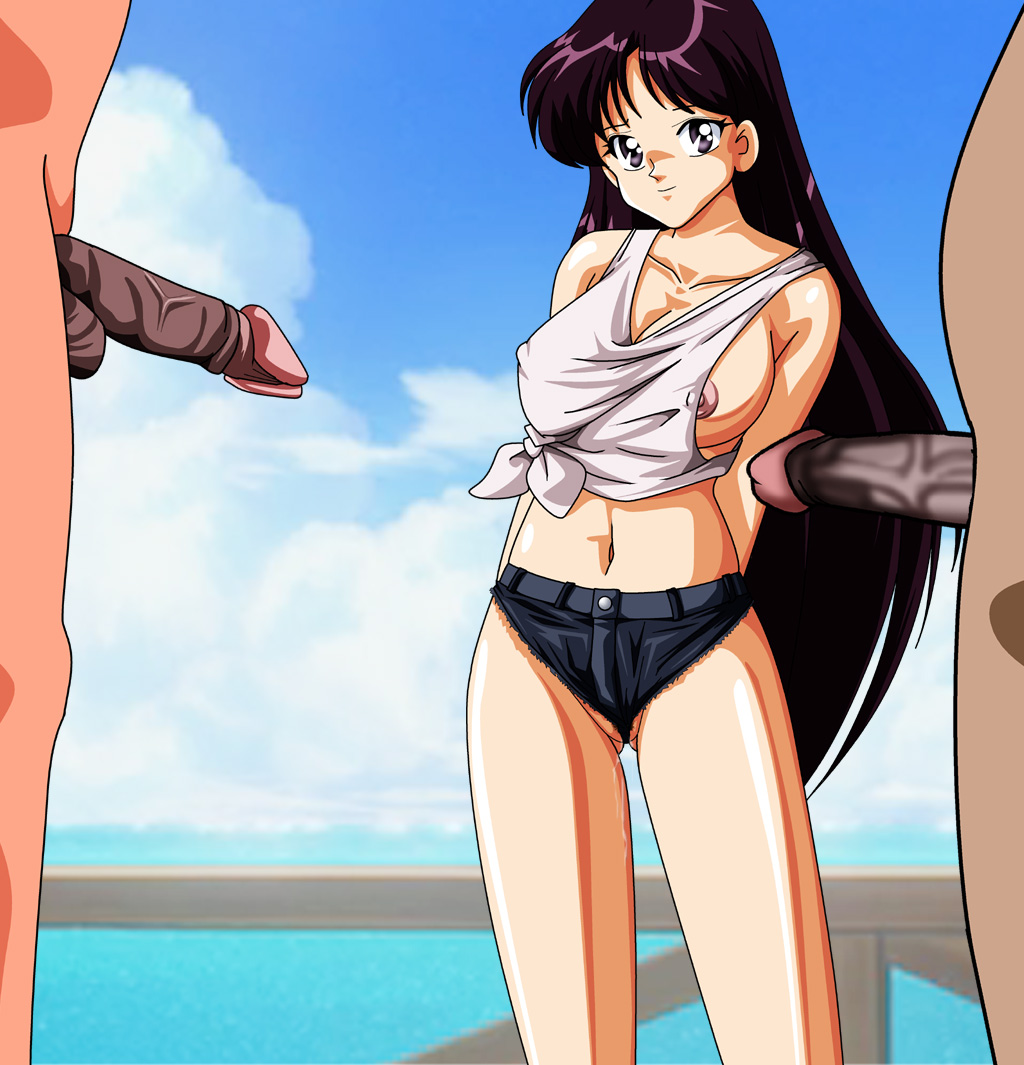 1girls bikabika bishoujo_senshi_sailor_moon breast_slip breasts clothing color day female female_focus human large_breasts male multiple_males nipples nude outdoors penis rei_hino shorts standing tagme uncensored