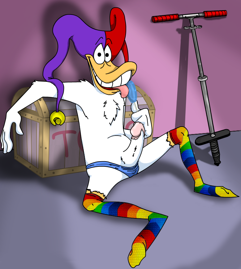 anthro avian bird candy darkwing_duck disney food lollipop male male_only moonbeamcat panties penis pogo_stick quackerjack solo stockings tagme underwear