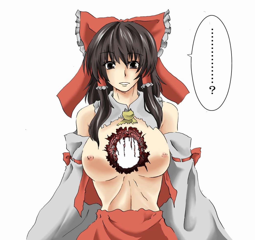 beige_skin black_eyes black_hair breasts clothes color exposed_breasts eyes female female_only front_view gore guro hair injury long_hair open_clothes open_eyes open_wound penetration reimu_hakurei skin solo speech_bubble standing still_alive torn_clothes touhou white_background wound