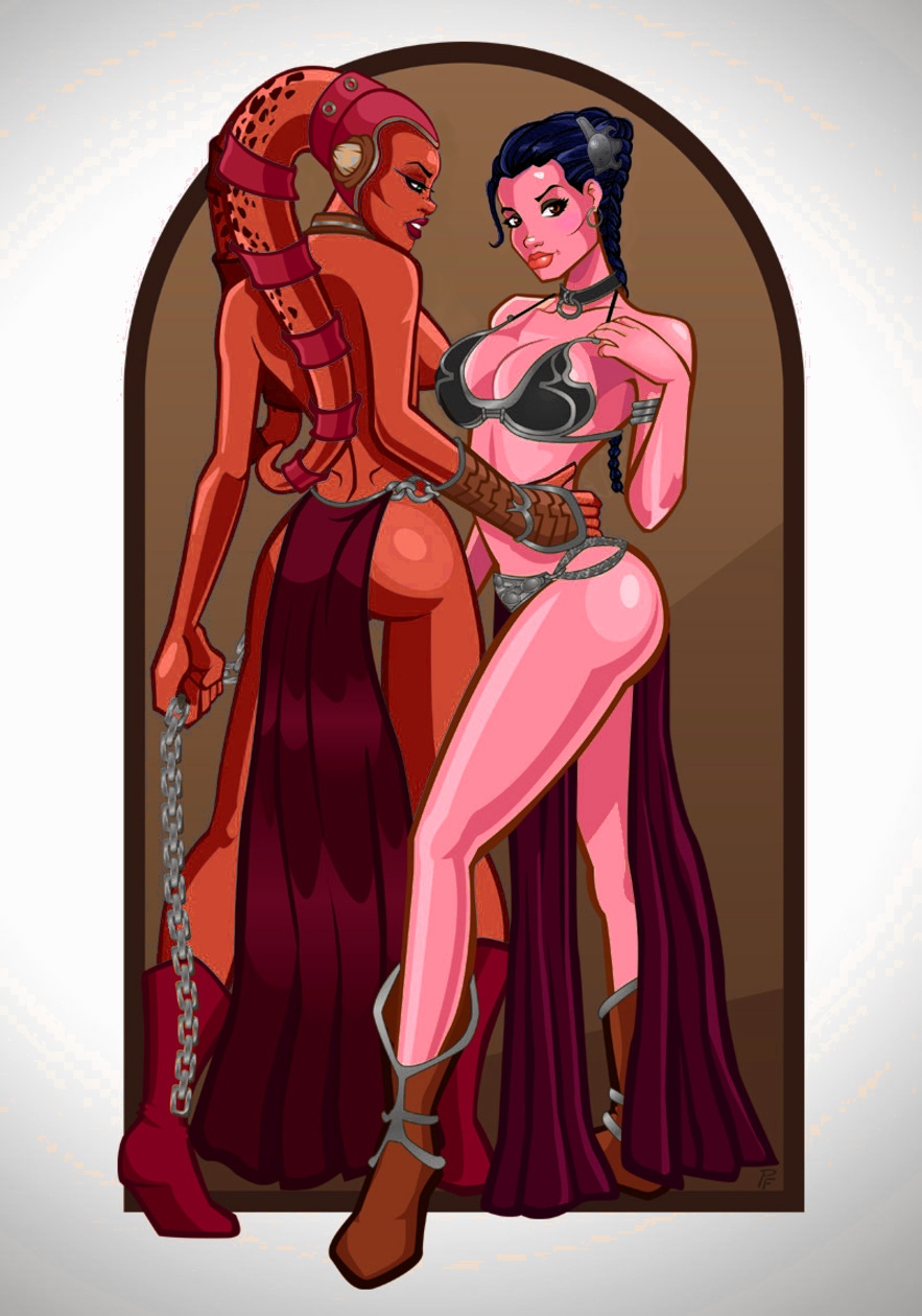 2girls artist_request braid breasts busty chain cleavage eyeshadow female female_only hoop_earrings lipstick makeup metal_bikini pink_skin return_of_the_jedi slave_bikini star_wars twi'lek voluptuous zeltron