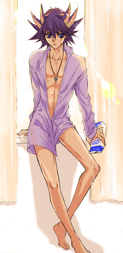 abs barefoot bedroom black_hair blonde_hair blue_eyes bottomless curtains feet human indoors inside looking_at_viewer male male_only milk muscular necklace purple_hair shiny_skin shirt simple_background solo tan_skin tattoo window yu-gi-oh! yu-gi-oh!_5d's yusei_fudo