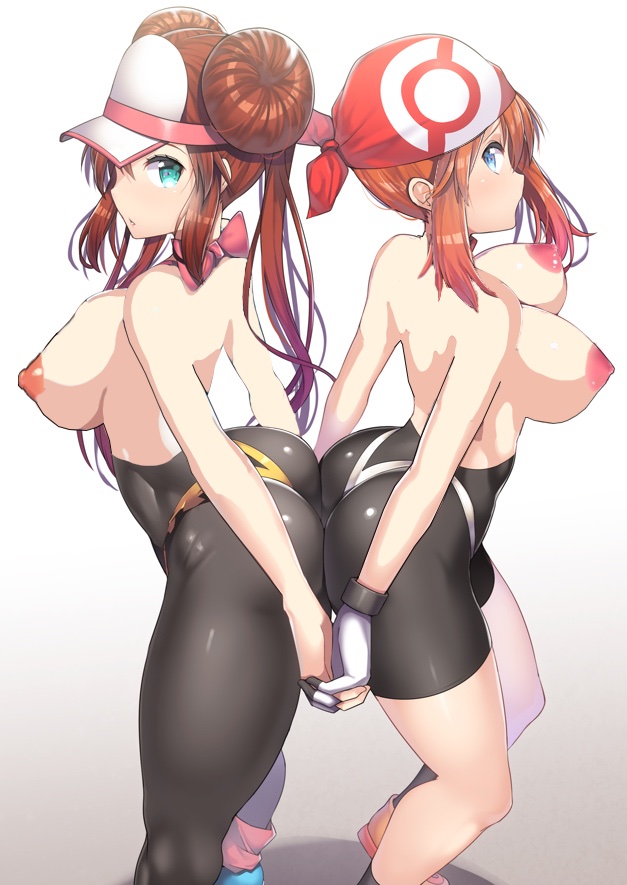 2girls ass ass_to_ass back_to_back bandana big_ass big_breasts bike_shorts blue_eyes breasts bubble_butt edit exposed_breasts female_only fit_female gloves grey_background hat holding_hands human human_only large_breasts latex long_hair looking_at_viewer may_(pokemon) may_(pokemon_rs) nagase_haruhito nintendo nipples pokemon pokemon_bw2 pokemon_rse ribbon rosa_(pokemon) shadow shirt shoes short_hair sideboob skin_tight socks_over_pantyhose spandex spats standing thighs tied_hair tight_clothing topless twintails wide_hips