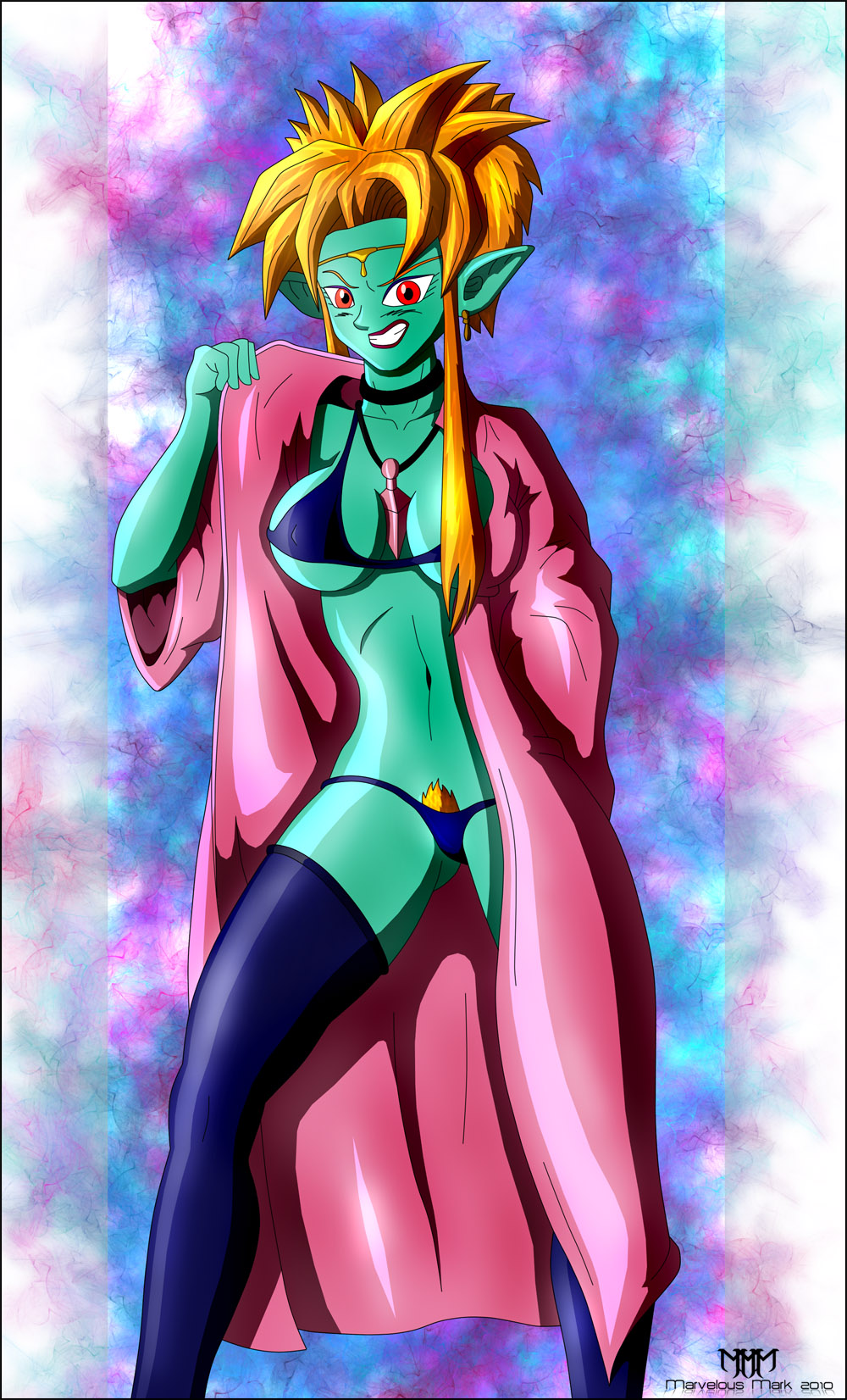 1girls big_breasts breasts dragon_ball dragon_ball_gt dragon_ball_gt_(100_years_later) female humanoid mamba mamba_(dragon_ball_gt) marvelous_mark micro_bikini orange_hair pointy_ears short_hair witch