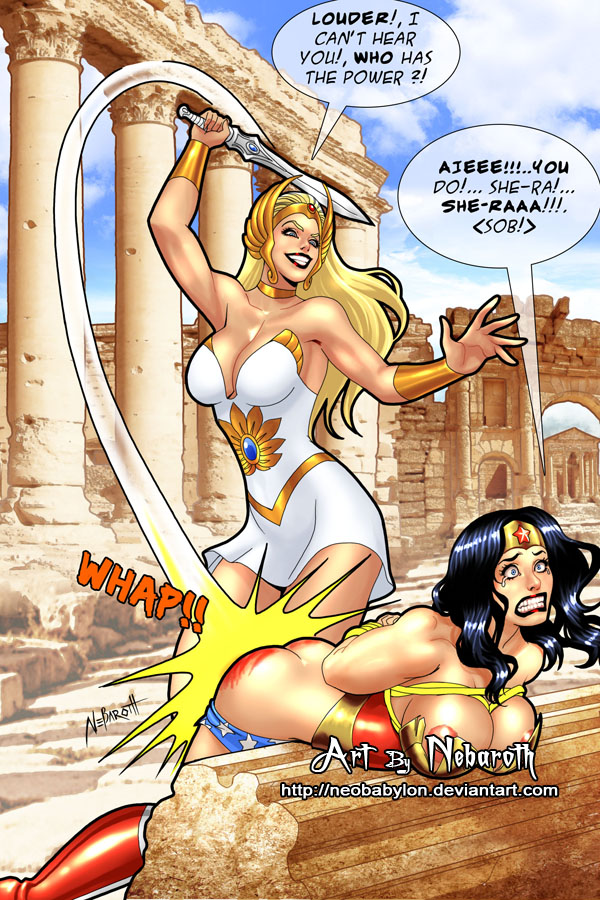 2girls areolae big_breasts black_hair blonde_hair bondage boots breasts convenient_censoring crossover dc dc_comics dialogue female female_only lasso_of_truth masters_of_the_universe multiple_girls nebaroth princess_adora reddened_butt she-ra she-ra_princess_of_power spanking speech_bubble wonder_woman wonder_woman_(series)