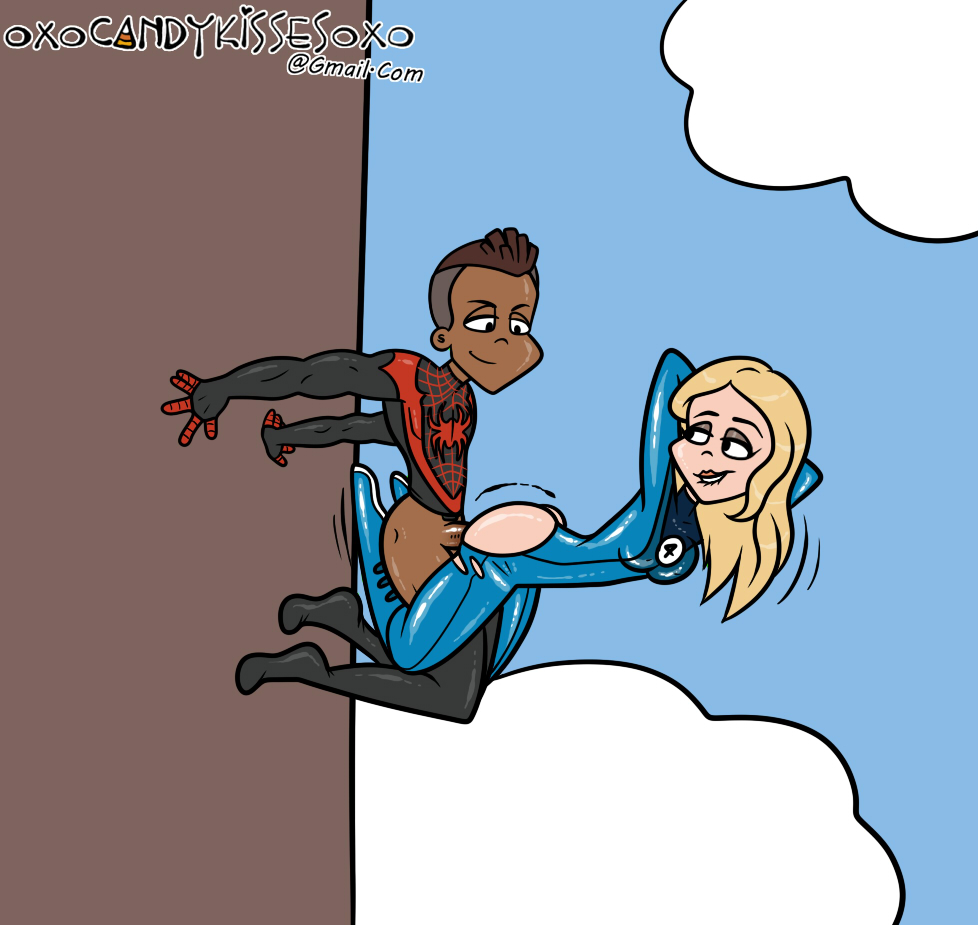 1boy 1girls blonde_hair dark-skinned_male dark_skin doggy_style fantastic_four female human human_only interracial invisible_woman light-skinned_female light_skin male marvel miles_morales oxocandykissesoxo spider-man_(miles_morales) spider-man_(series) straight sue_storm vaginal_penetration