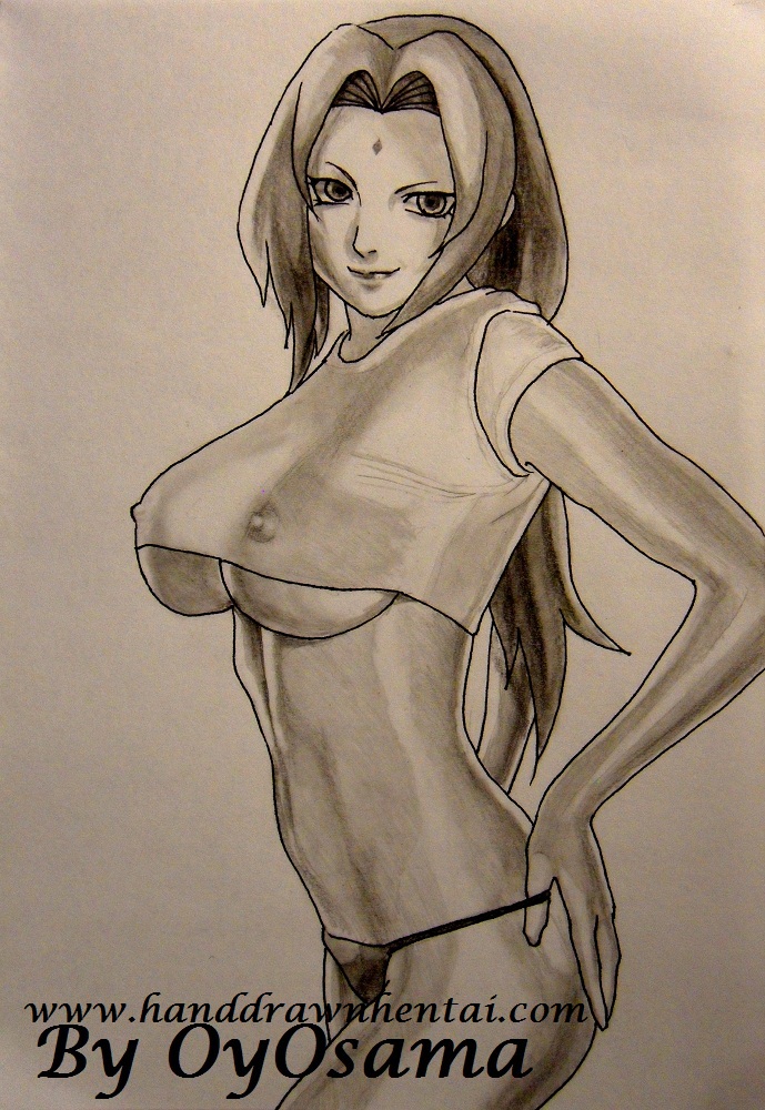 breasts drawing erect_nipples female female_only human large_breasts milf monochrome naruto nipples no_bra oyosama smile solo thong tsunade