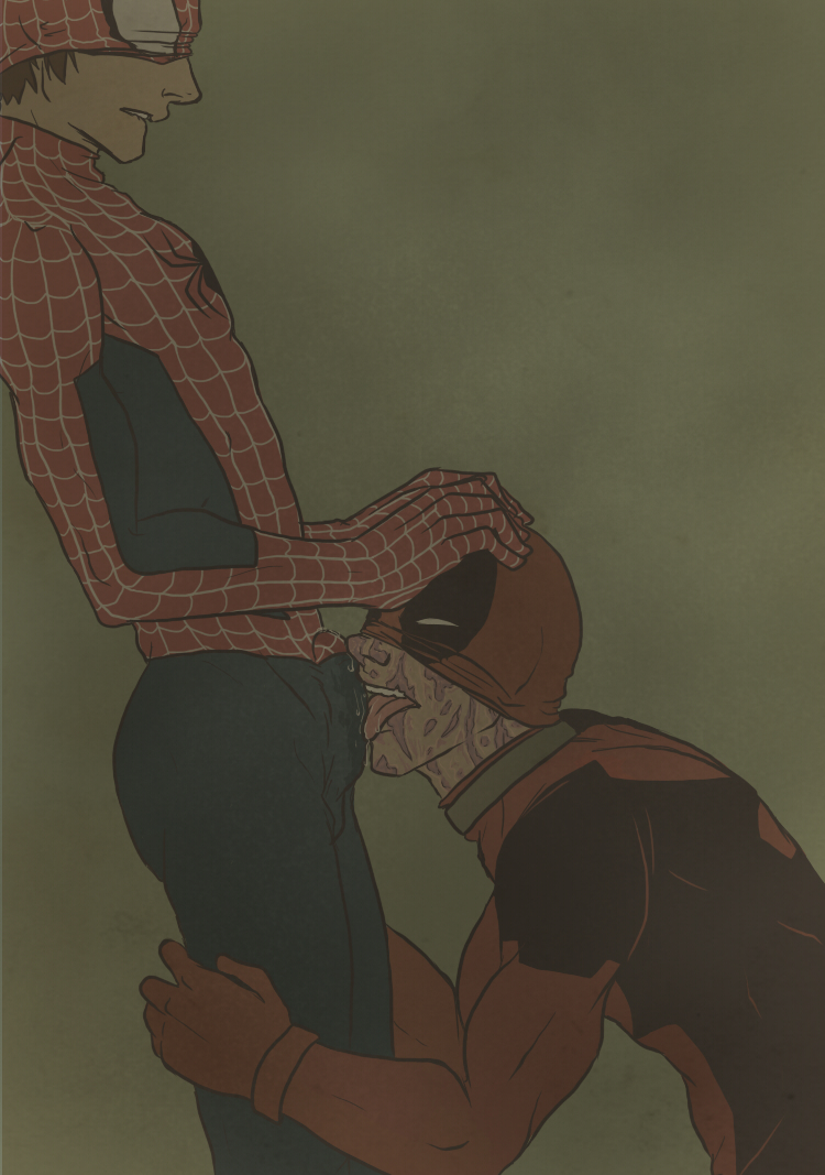 2boys artist_request biting_lip bulge clothed deadpool erection_under_clothes gay licking male male_only marvel mask_pushed_up oral peter_parker scar scars smooth_skin spandex spider-man spider-man_(series) tagme wade_wilson yaoi