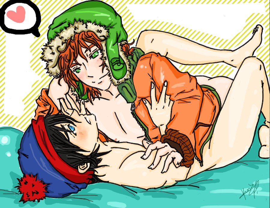 2boys black_hair blonde_hair blue_eyes comedy_central gay green_eyes hat kyle_broflovski male nude on_back red_hair south_park stan_marsh undressing viacom yaoi