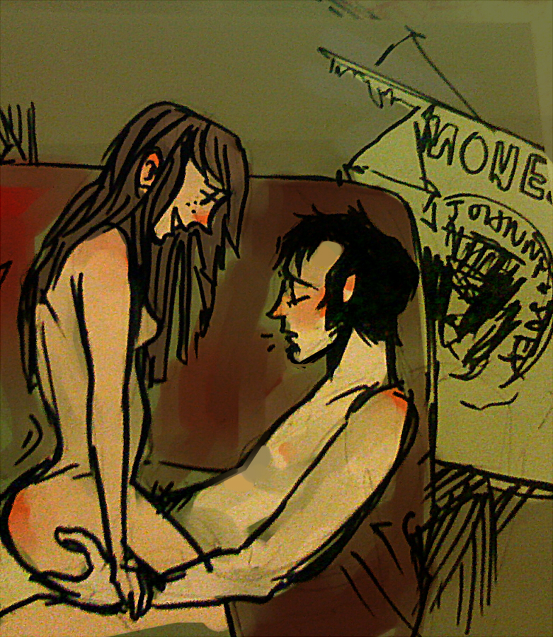 1boy 1girls black_hair brown_hair closed_eyes cowgirl_position dan_(dan_vs) dan_vs. freckles freckles_on_face hortense indoors long_hair looking_at_another male/female nude_female nude_male small_breasts smile soul_patch straight straight_sex tagme