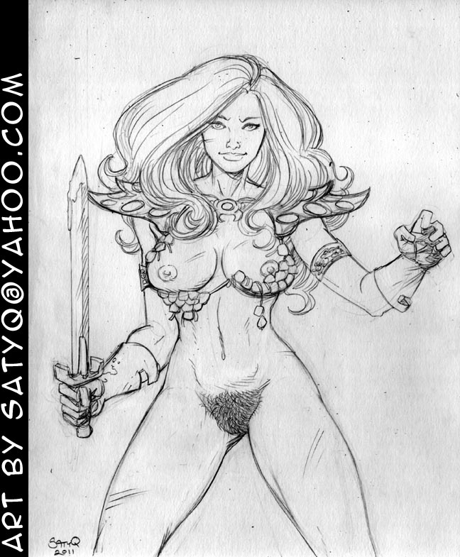 1girls 2011 armor bottomless chainmail chainmail_bikini female female_only monochrome pubic_hair red_sonja red_sonja_(comics) satyq solo tagme torn_clothes torn_clothing