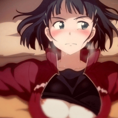 1girls, animated, bed, black hair, blunt bangs, blush, bouncing breasts, breasts, bust, clothed sex, female, female only, hair ornament, hairclip, heavy breathing, kirigaya suguha, looking away, lying, nipples, on back, open clothes, pointy chin, short hair, solo, sweat, sword art online