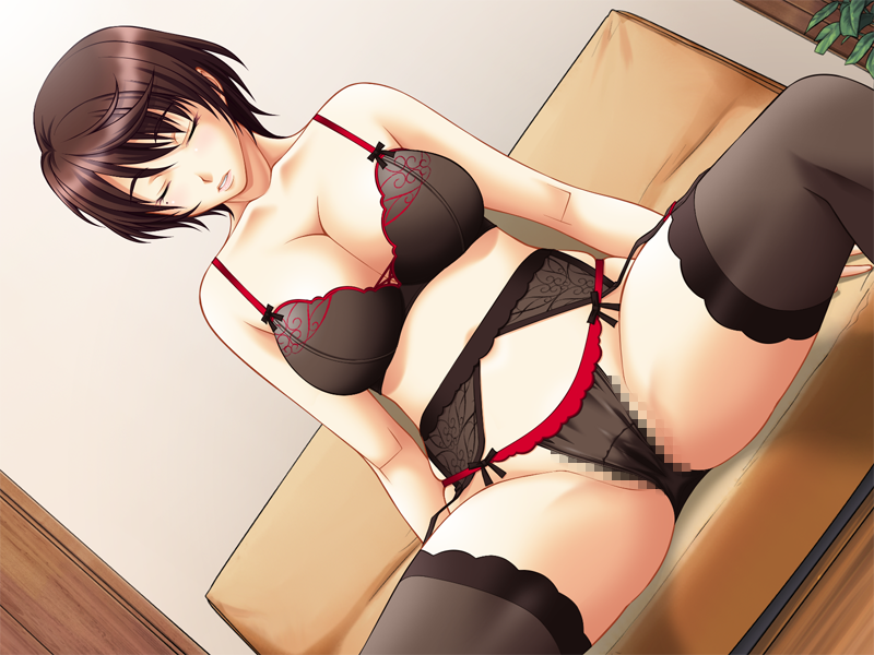 asakura_sakura black_bra black_panties black_socks bra breasts brown_hair cameltoe censored cleavage closed_eyes female game_cg garter_belt garter_straps highres huge_breasts legs mole oba_ana:_overhaul panties sanada_chihiro short_hair sitting sleeping socks solo spread_legs thigh_socks thighhighs thighs underwear