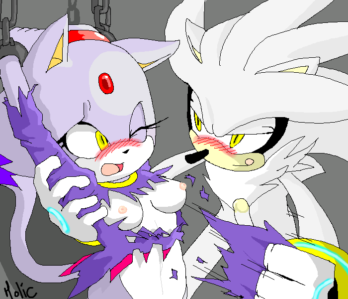 anthro arms_above_head blaze_the_cat blush bondage bottomless bound breasts cat chained chained_wrists chains clothes color eyes_half_open feline female femsub fur furry hedgehog holicstar92 interspecies male maledom nipples one_ear_down one_eye_closed open_mouth silver_the_hedgehog sonic_(series) straight tagme tongue_out torn_clothes wince